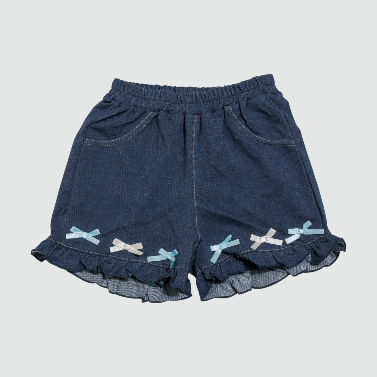 リボンモチーフ ニットデニムショートパンツ