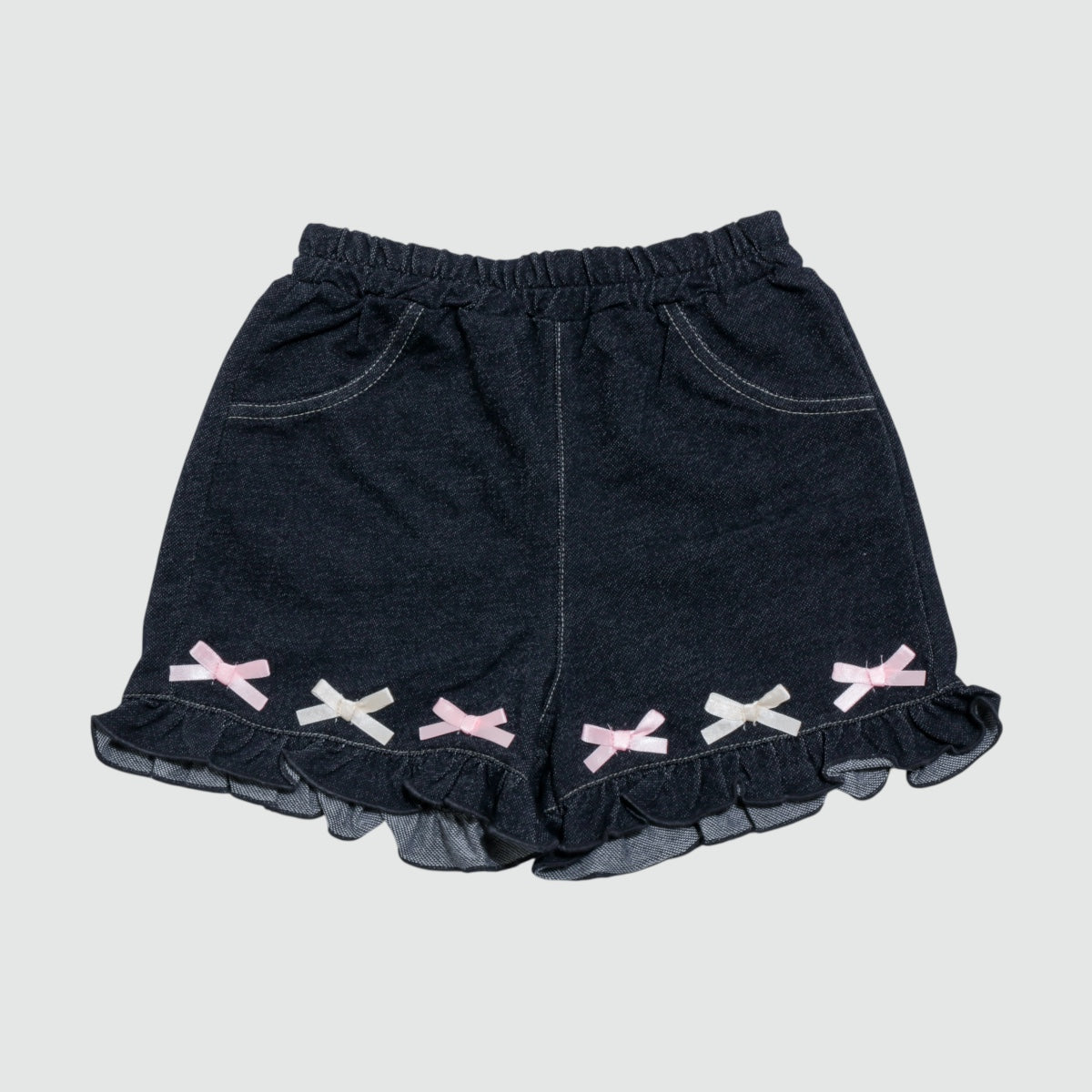 リボンモチーフ ニットデニムショートパンツ