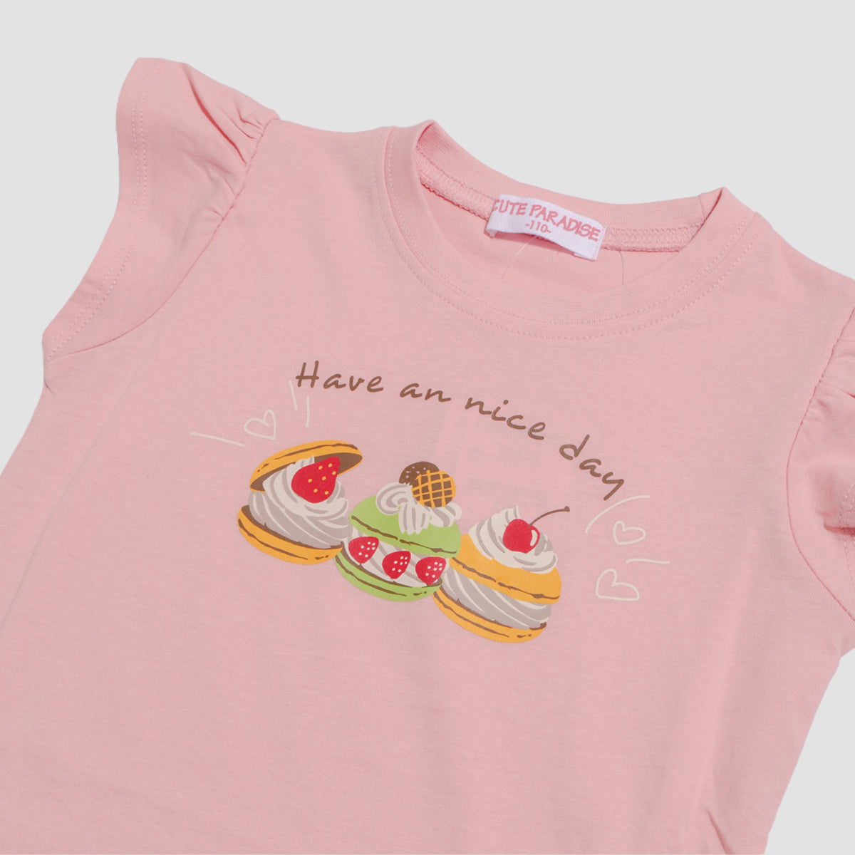 袖フリル プリントTシャツ