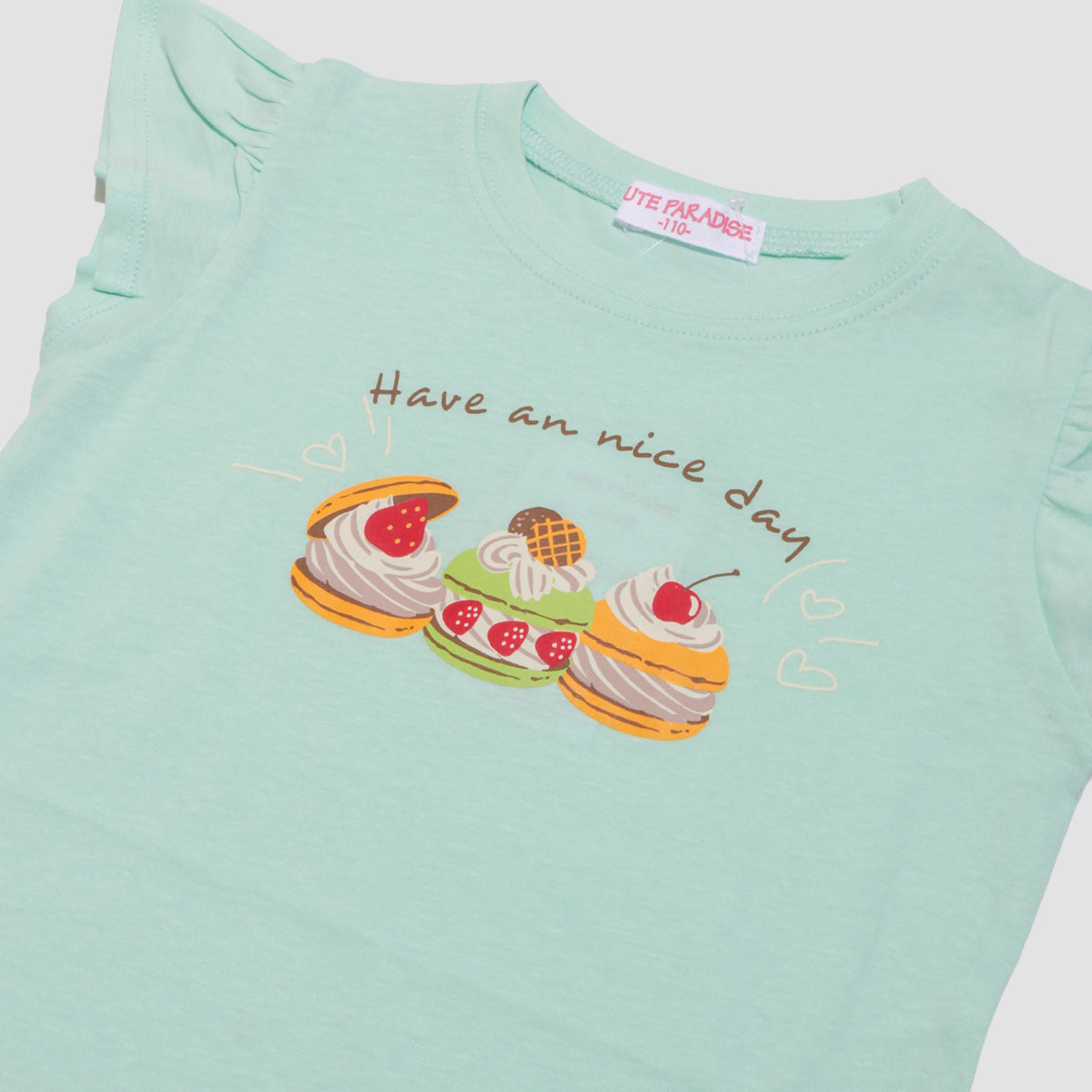 袖フリル プリントTシャツ