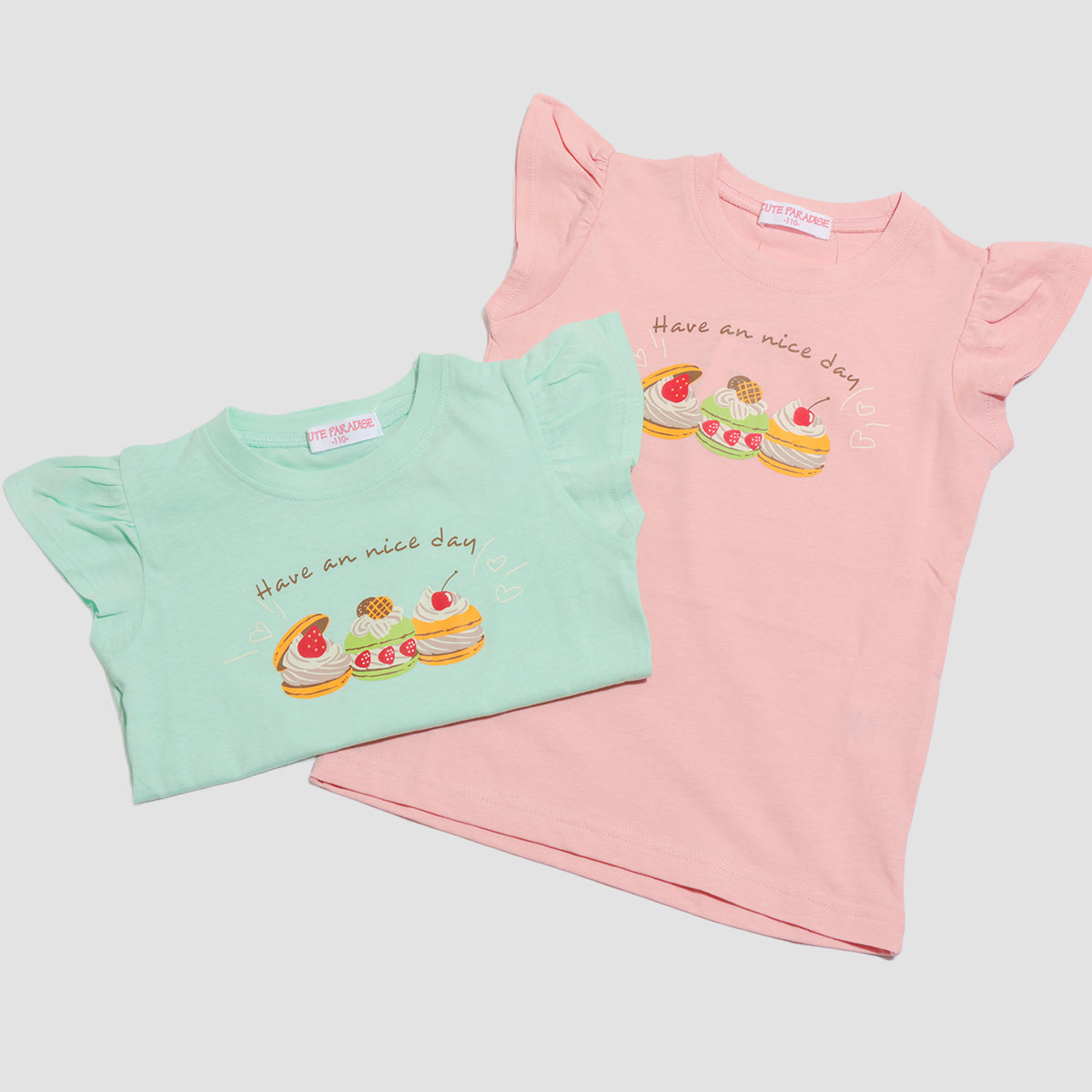 袖フリル プリントTシャツ