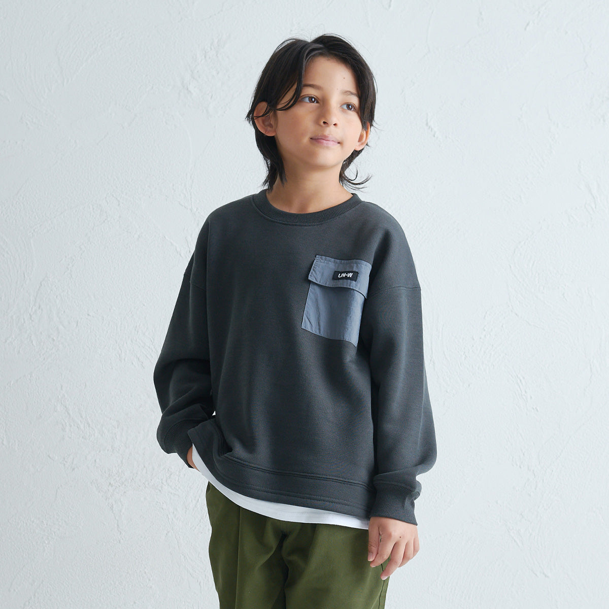 裾フェイクレイヤード 胸ポケット 裏起毛トレーナー