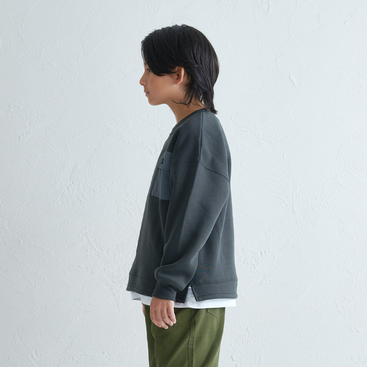 裾フェイクレイヤード 胸ポケット 裏起毛トレーナー