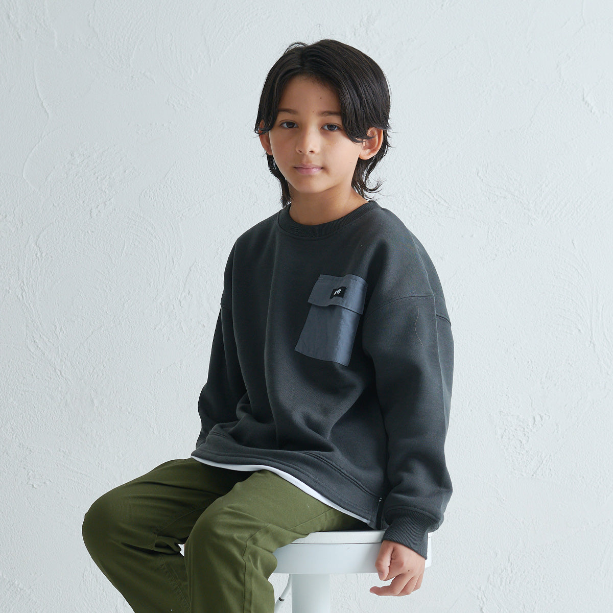 裾フェイクレイヤード 胸ポケット 裏起毛トレーナー