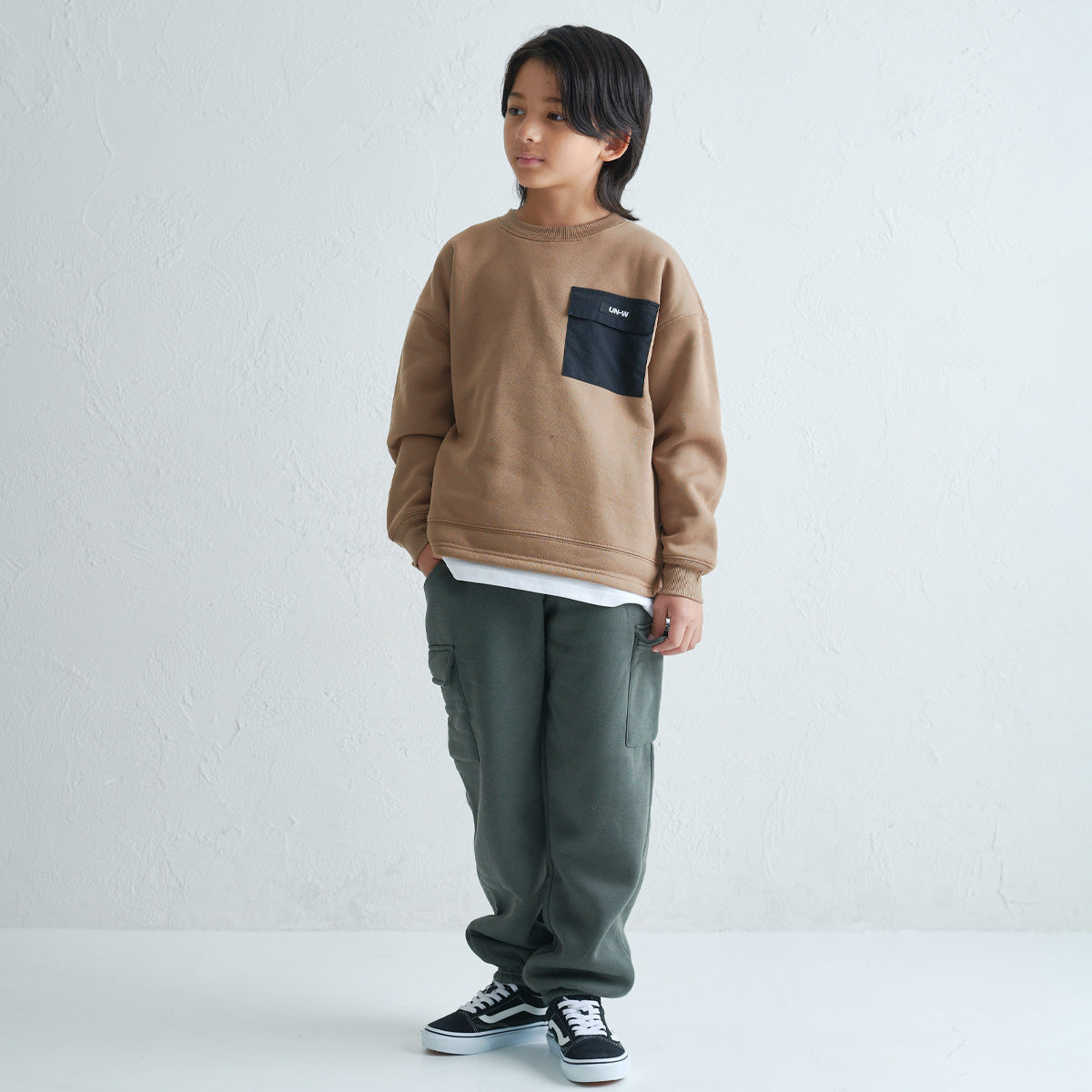 裾フェイクレイヤード 胸ポケット 裏起毛トレーナー