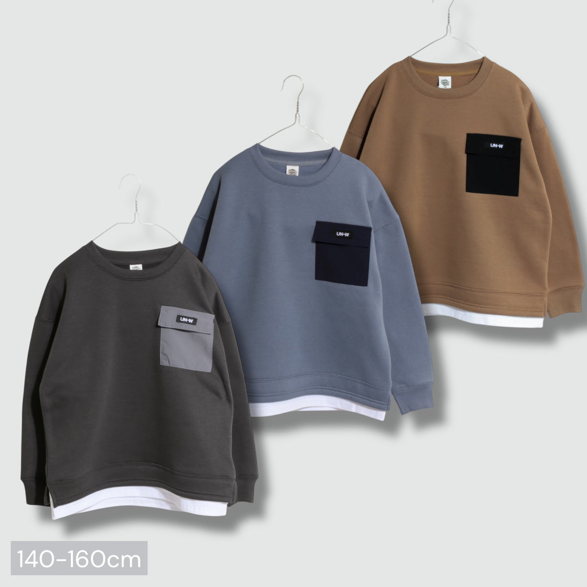 裾フェイクレイヤード 胸ポケット 裏起毛トレーナー