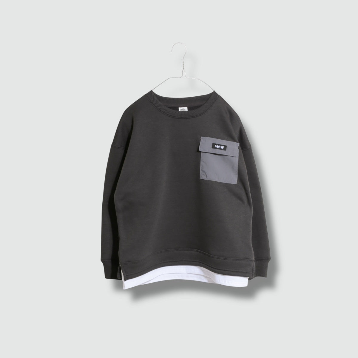 裾フェイクレイヤード 胸ポケット 裏起毛トレーナー