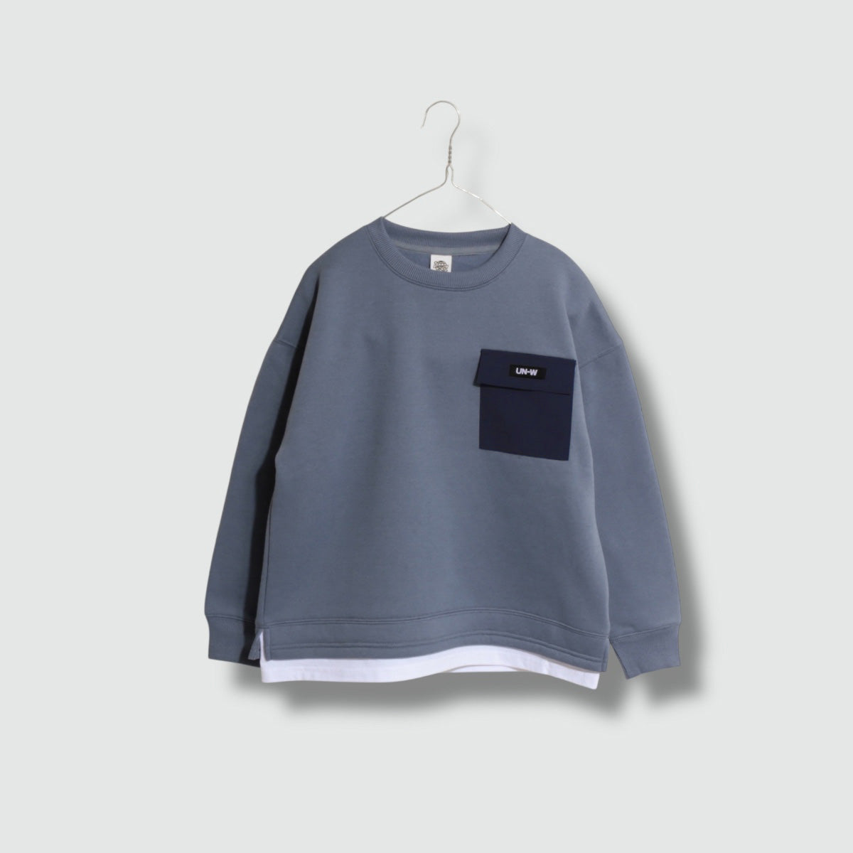 裾フェイクレイヤード 胸ポケット 裏起毛トレーナー